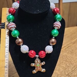Red and Green Beaded Necklace with Gingerbread Pendant